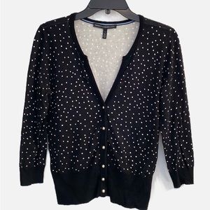 Black and White Polka Dot Button Down V Neck 3/4 Sleeves Cardigan WHBM